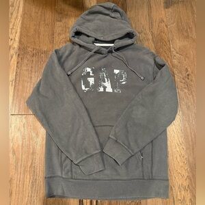 GAP Men's Grey Charcoal Hoodie Small With Distressed Print and Kangaroo Pocket